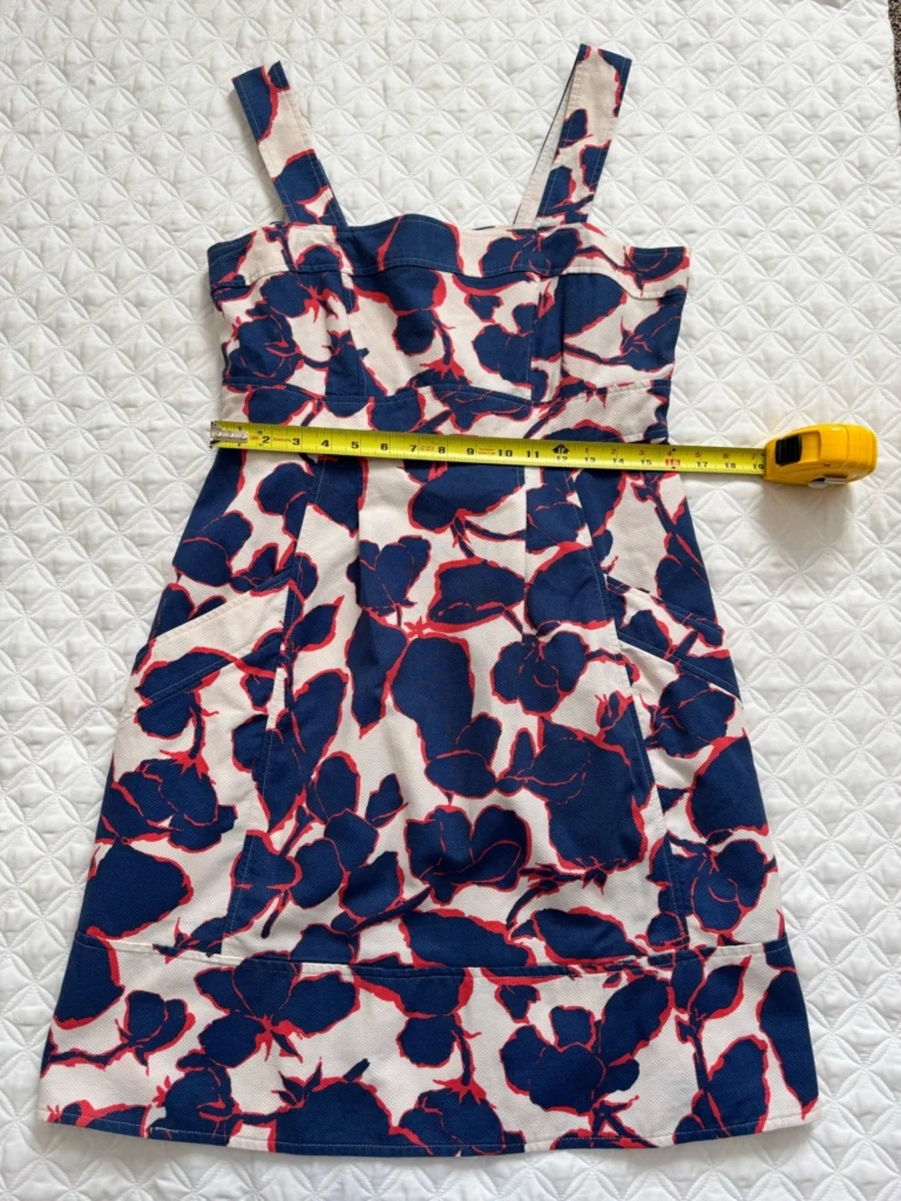 Lands' End Cream Blue Red Floral Midi Dress Cotton Canvas Wide Straps Size 12